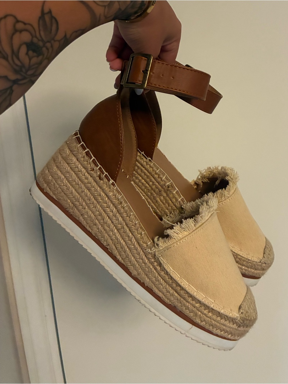 Nautica Beige Canvas Espadrille Wedges with Brown Ankle Strap